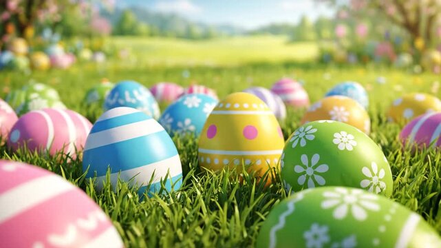 Colorful painted easter eggs hidden in lush green grass on a sunny spring day. Traditional holiday egg hunt celebration with a beautiful meadow and blooming trees