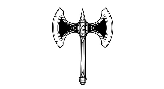 medieval metal axe with intricate patterned blade