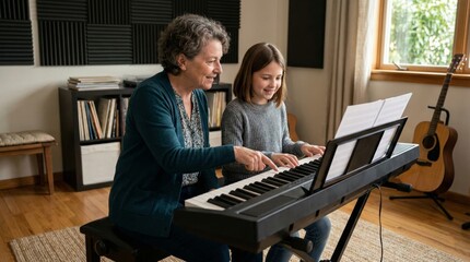 Grandmother teaching granddaughter to play piano at home, bonding over music in a bright, cozy room