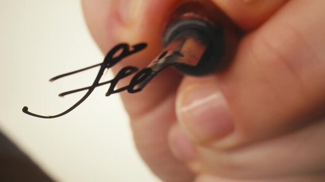 Fountain pen write letter, document sign on an antique handwritten letter. Vintage nib pen and handwritten english cursive style font copperplate, spencerian. Old history background. Retro style.