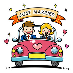 Just Married Wedding Car Cartoon &ndash; Bride and Groom Celebration Illustration