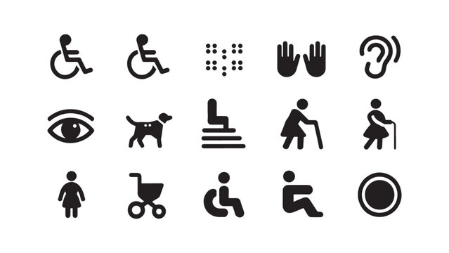 Disability and Accessibility Icon Set for Inclusive Design, Public Signage, and ADA Compliance Application Development