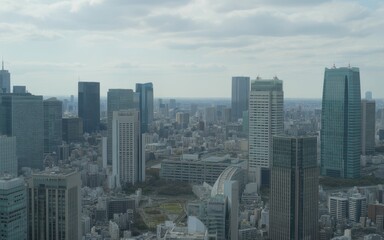 Panoramic view of a dense city skyline with modern skyscrapers