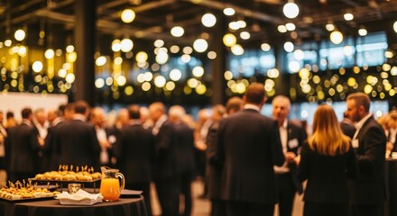 Business Cocktail Party and Networking Event with Professional People in Suits and Catering Food Buffet in a Modern Blurred Venue