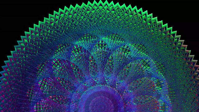 Highly detailed fractal mandala composed of repeating geometric lattice forms in luminous green blue and magenta tones set against a black background