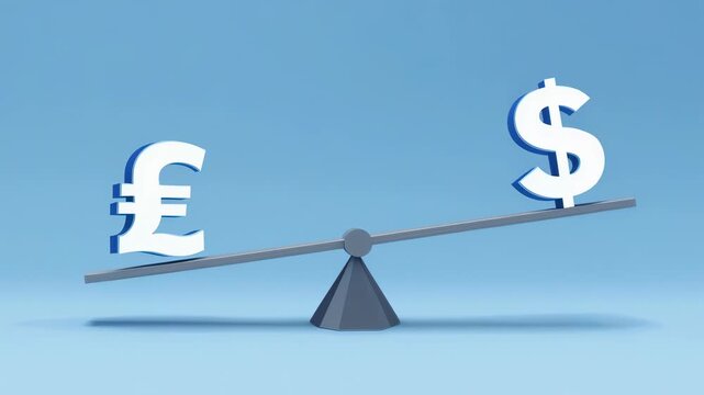 Balance scale with Pound and Dollar currency symbols, illustrating comparative value and exchange rate differences.