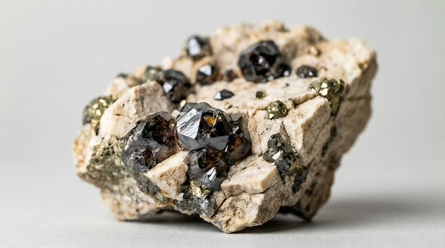 Dark lustrous sphalerite crystals with brassy pyrite on a pale crystalline carbonate matrix.