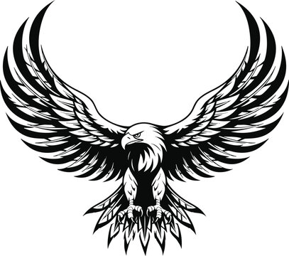 Majestic Eagle Vector Illustration with Wings Spread - Black and White Bald Eagle Mascot Logo Design
