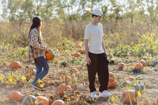 A brother and sister having fun searching for a pumpkin at a pumpkin  patch in October.