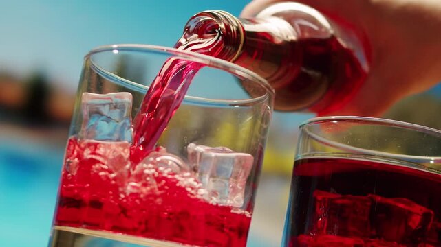 Vermouth Negroni, spanish wine drink, Alcoholic Americano Cocktail bitter, sweet vermouth and soda water, close up of making drink, summer spanish vacations. 
