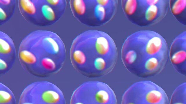 Seamless 3D pattern of glossy purple spheres with iridescent colorful reflections arranged in a repeating grid creating a vibrant abstract background