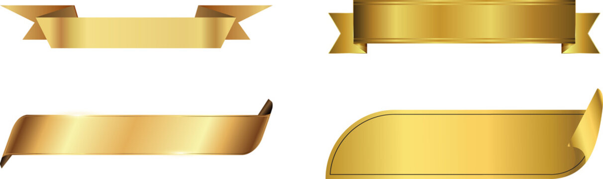 realistic shiny gold ribbon banner collection Gold ribbon banner, shiny blank decor element template for congratulation text, caption Golden ribbon banner 3d render  - simple text tag or label for sal