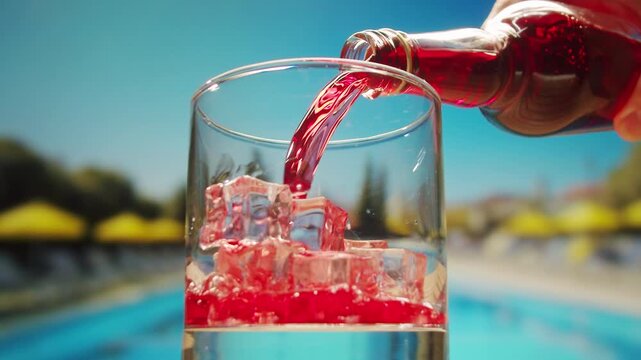 Vermouth Negroni, spanish wine drink, Alcoholic Americano Cocktail bitter, sweet vermouth and soda water, close up of making drink, summer spanish vacations. 