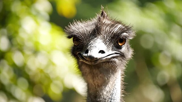 Closeup portrait of an emu bird with textured feathers and curious eyes looking directly at the camera in a natural sundappled forest environment.