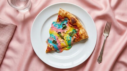 Slice of rainbow pizza with melted colorful cheese on white plate and pink silk background
