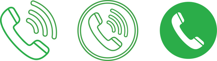 Set of professional green telephone handset icons featuring ringing phone silhouettes and call symbols in line art and circular button styles.