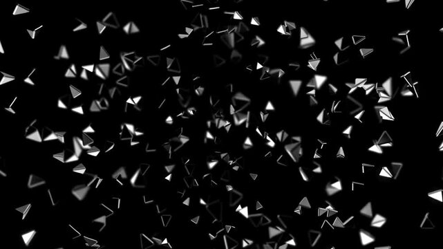 Dynamic composition of scattered triangular shards forming a swirling cluster in deep black space with depth blur and high contrast futuristic aesthetic