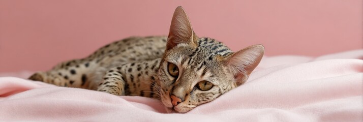 Obraz premium Spotted cat relaxing on soft pink blanket