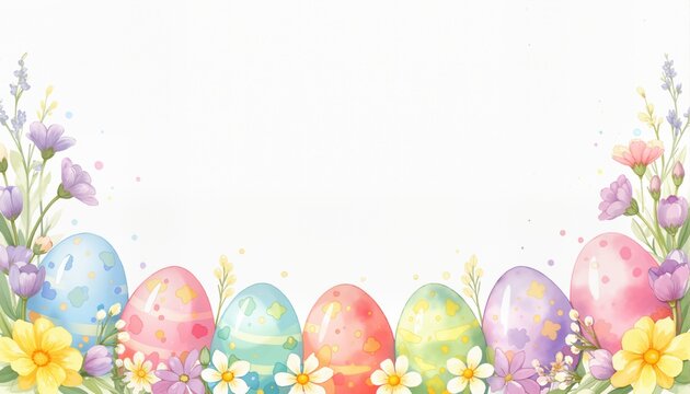 Easter watercolor greeting template with colorful easter eggs and flowers, white background
