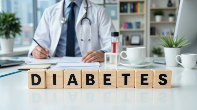 Diabetes diagnosis and treatment plan at a medical appointment, doctor documents blood sugar results and insulin therapy details for ongoing glucose monitoring and patient care during clinic visit