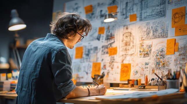 young man standing in front of big whiteboard with messy sketch of the project of his lifetime