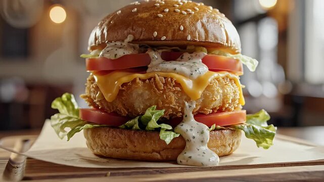 Close up of a deliciously prepared hamburger with fresh ingredients