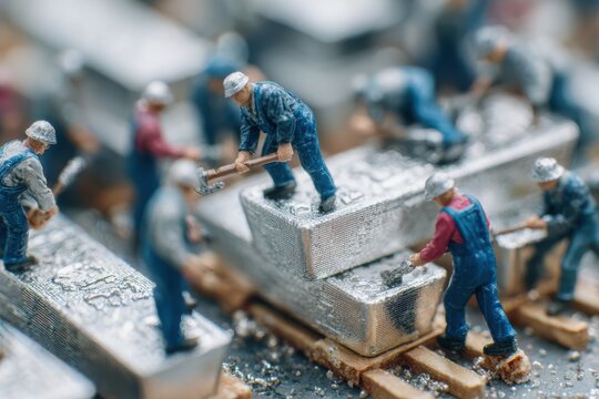 Many workers working on a large, miniature silver brick, the workers are wearing blue overalls, gold and silver on all time highs