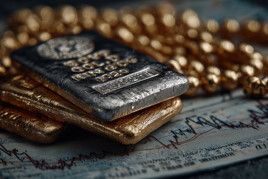 Golden and silver coins and bricks stockpiling on black background, gold and silver on all time highs 