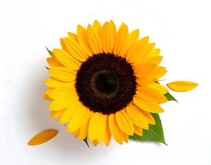 Obraz premium Sunflower with petals and green leaves.