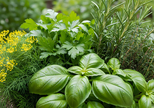 Fresh green herbs in a garden bed