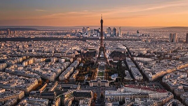 Aerial Drone View of Eiffel Tower and Paris Cityscape at Sunset