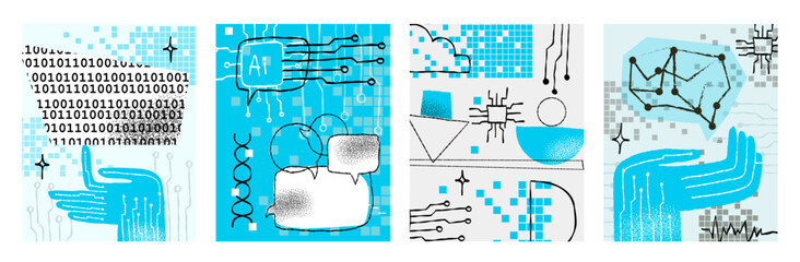 AI Robotic Hands Concepts, Global Technology and Balance Symbols in Hand-Drawn Doodle Style