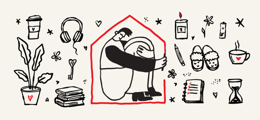 Mental Health Self Care Concept With Person In House And Cozy Essentials