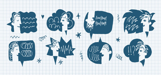 People Chatting with Speech Bubbles, Abstract Communication and Mental Health Doodle Set
