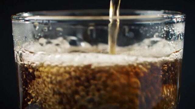 Pouring fresh coca cola into a clear glass 4k footage