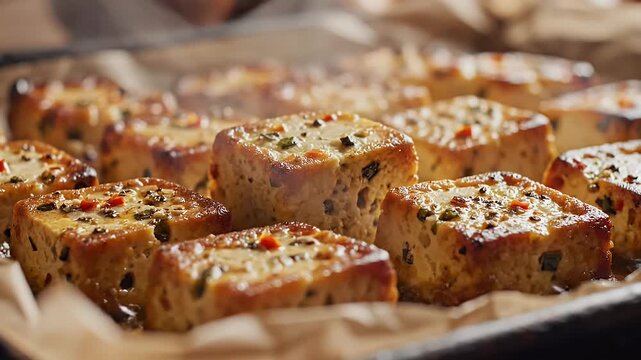 Close up of baked food on a baking sheet with steam rising against a dark backdrop