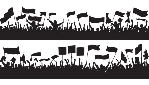 Vector Silhouette of Dynamic Protesting Crowd with Flags and Placards