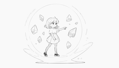Minimalist icon with thin lines: A girl standing still with small glass shards floating around her, line art