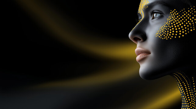 Close-up profile view of woman face highlighted, small yellow dots abstract lines light, surrounding modern tech design, futuristic innovative concept visualization, with copy