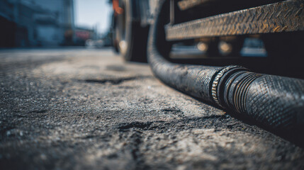 Oil prices soar as fuel hose lies on rough asphalt near vehicle in industrial outdoor setting with blurred background