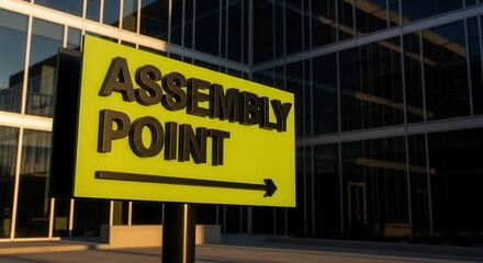 Assembly Point Sign Directing to a Safe Place Near a Modern Glass Building
