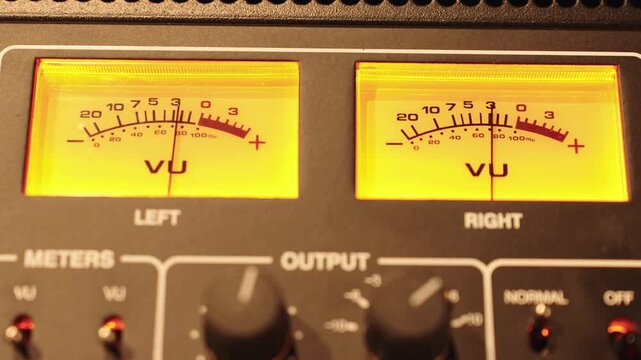 Analog VU Meters Display Sound Levels, Studio Gear Shows Output Values. Audio Engineering, Music Recording, Studio Technology.