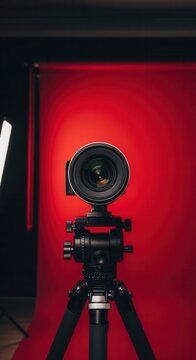 Camera On Tripod Against Crimson Backdrop: Professional Photography Setup for Content Creation