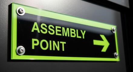 Assembly Point Sign Indicating Direction, Green Signage on Black Wall, Arrow Pointing