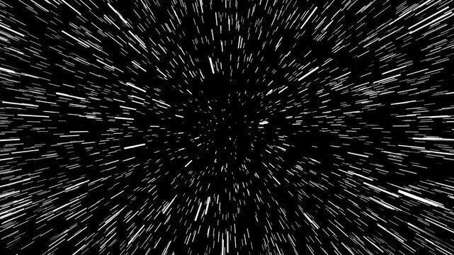 Fast-paced hyperspace jump video, abstract white light trails accelerating into a black void, futuristic digital motion