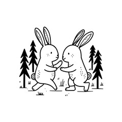 Two Rabbits Dancing in Forest