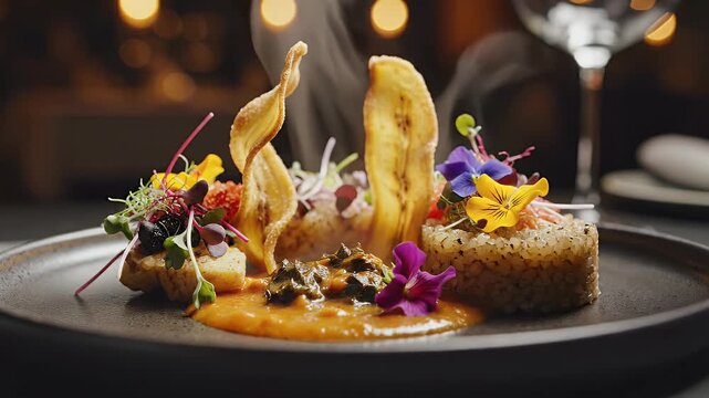 Gourmet dish presentation on a plate with decorative elements and ambient lighting