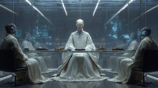 Pale skinned regal woman with glowing yellow eyes, in white ceremonial robes, seated at transparent table. Flanked by two grey garbed attendants with holographic visors. Sterile high tech chamber, mir