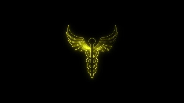 Glowing Yellow Rod of Asclepius Medical Symbol Neon Sign Black Background Healthcare Concept caduceus