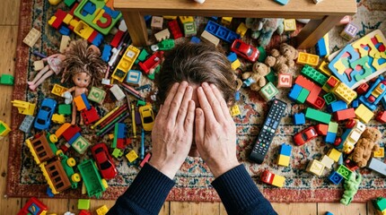 Overwhelmed parent surrounded by scattered toys in messy living room, feeling stressed and exhausted